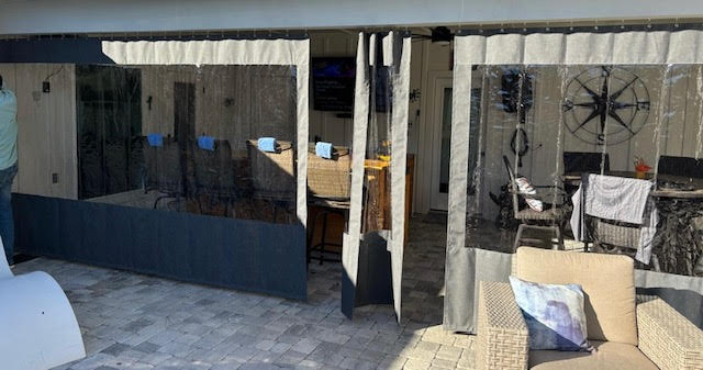 Privacy curtains with vinyl window inserts