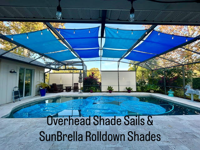 Pool enclosure with shade sails and roller shades