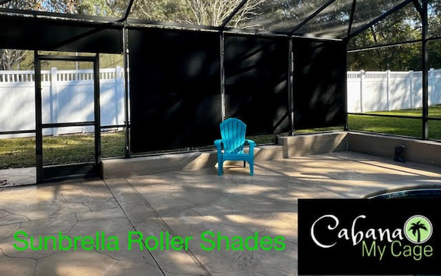 Black Sunbrella roller shades in pool enclosure